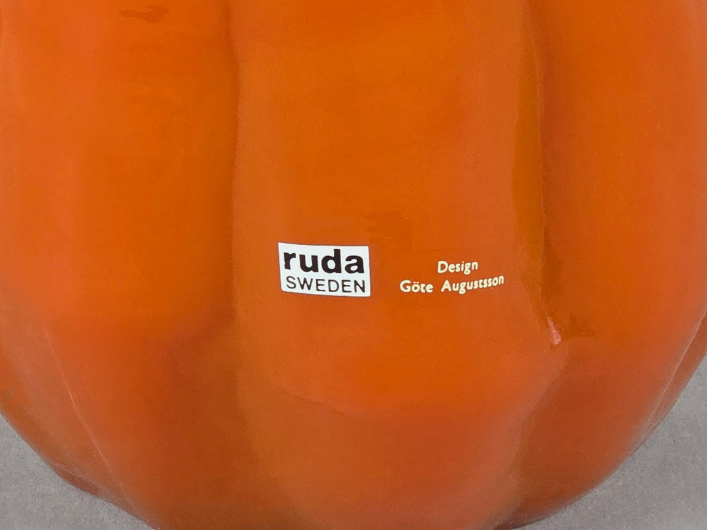 1960s vintage Ruda Glasbruk Selena vase by Gote Augustsson in orange and yellow hue,close up image showing the authenticity original sticker.