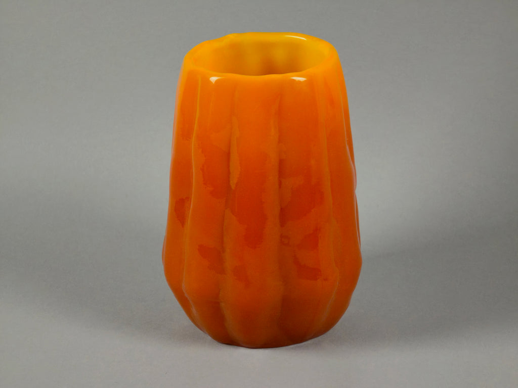 1960s vintage Ruda Glasbruk Selena vase by Gote Augustsson in orange and yellow hue, this is another image showing a different side of the vase.
