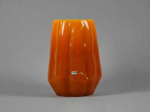 1960s vintage Ruda Glasbruk Selena vase by Gote Augustsson in orange and yellow hue, showing the front view and main image.