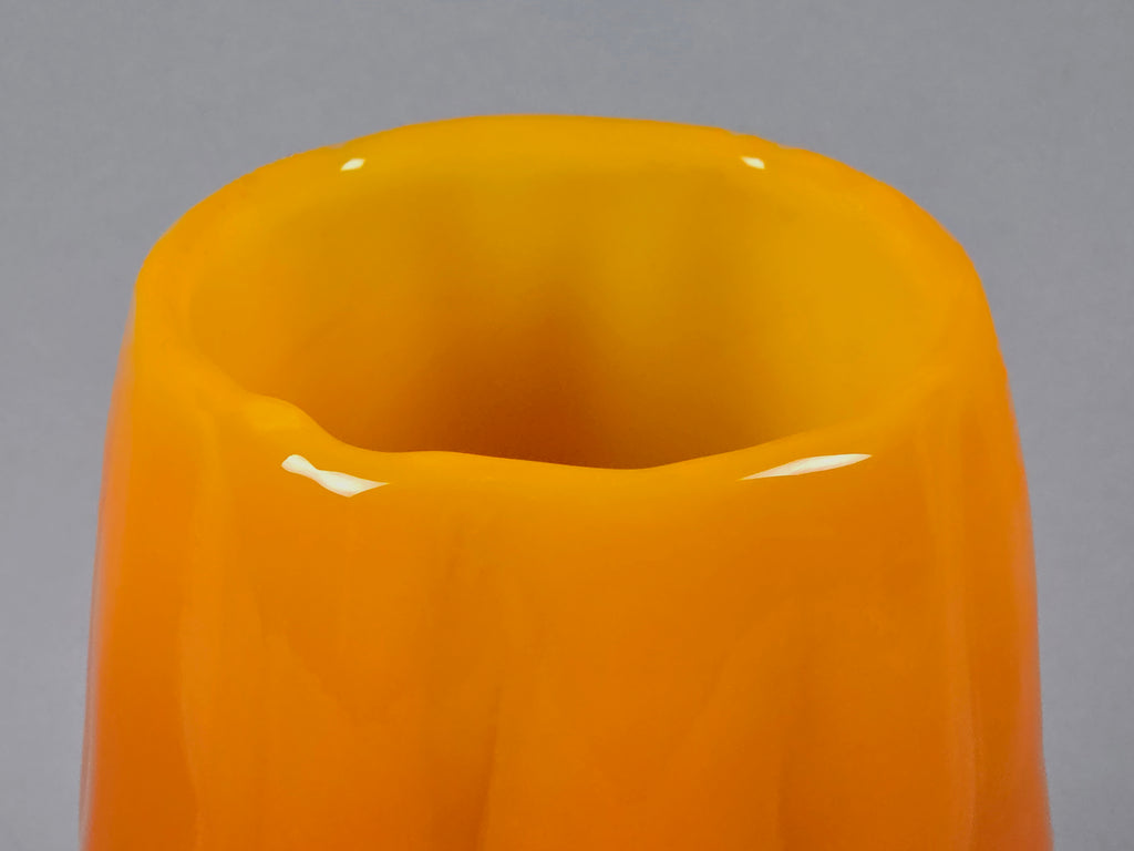 1960s vintage Ruda Glasbruk Selena vase by Gote Augustsson in orange and yellow hue, close up macro shot of the top of the vase.