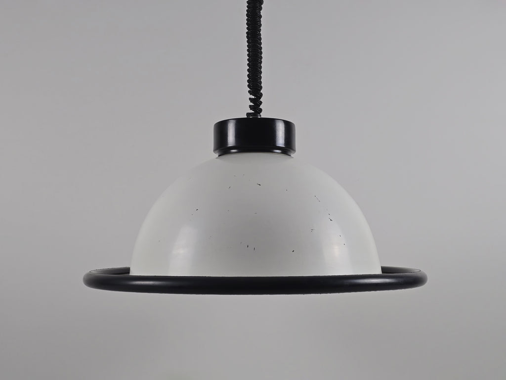A centered front-view of the vintage 1960s MCM Martinelli Luce rise & fall pendant lamp by Elio Martinelli showcasing its sleek, modernist silhouette.