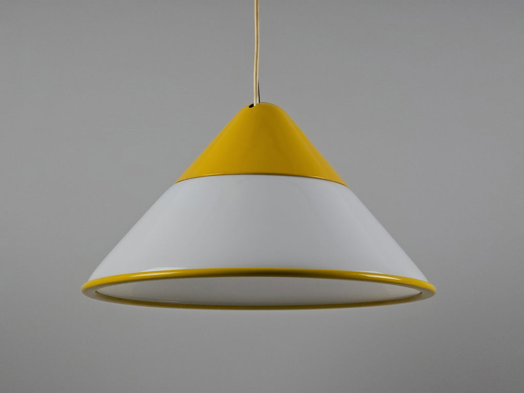 Vintage Fabbian Italian glass pendant lamp, Mid-Century Modern opaline hand-blown glass light fixture with yellow design details, conical hanging light.