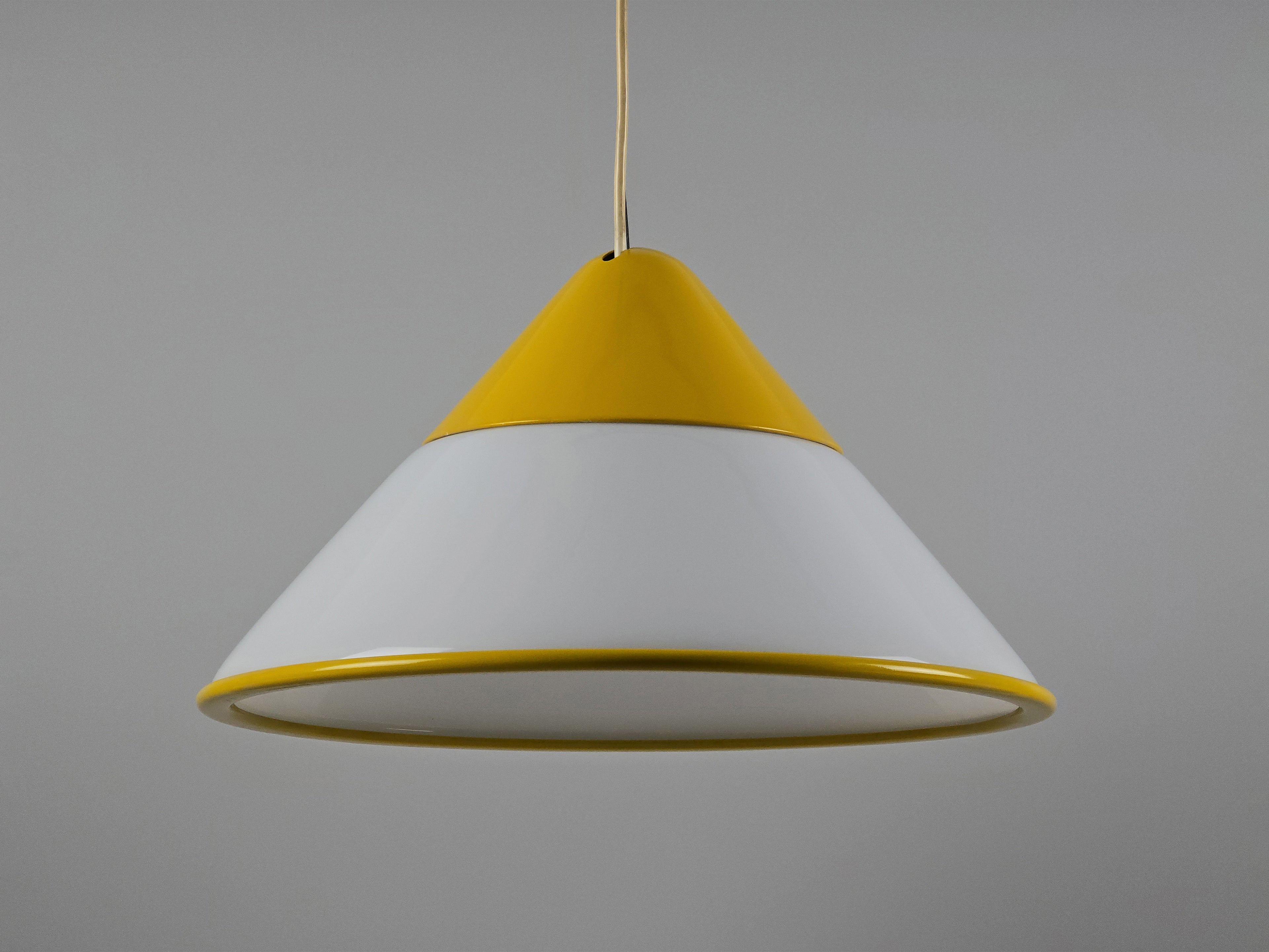 Vintage Fabbian Italian glass pendant lamp, Mid-Century Modern opaline hand-blown glass light fixture with yellow design details, conical hanging light.
