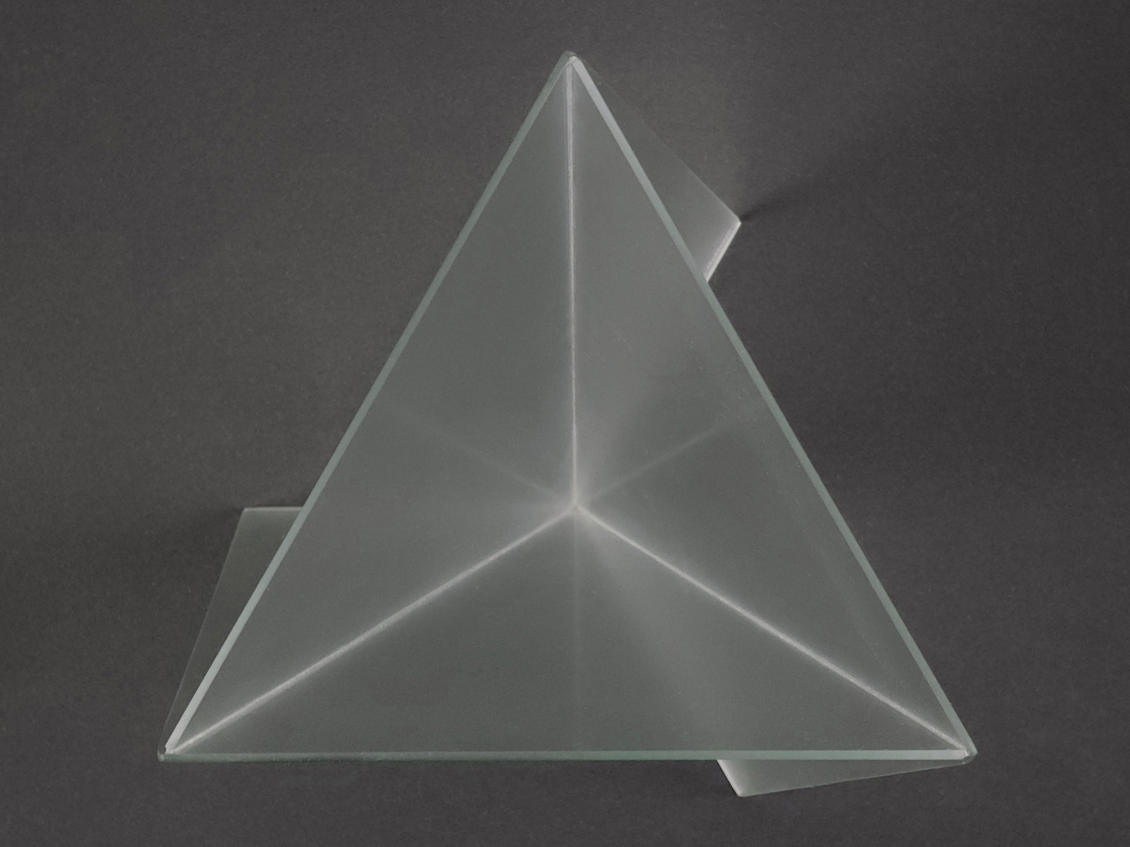 1981 Mart van Schijndel Delta vase, Dutch postmodern design iconic frosted glass vase, clean top view shot showing the triangle form of the vase.