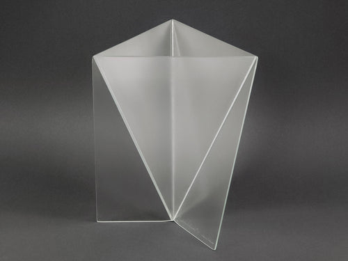 1981 Mart van Schijndel Delta vase, Dutch postmodern design iconic frosted glass vase, image showing the depth of the vase and the minimalist angular design.