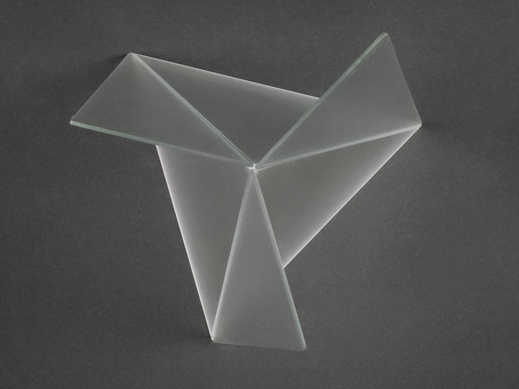 1981 Mart van Schijndel Delta vase, Dutch postmodern design iconic frosted glass vase, clean shot showing the bottom side of the vase and the glass plates connecting together at a single point.