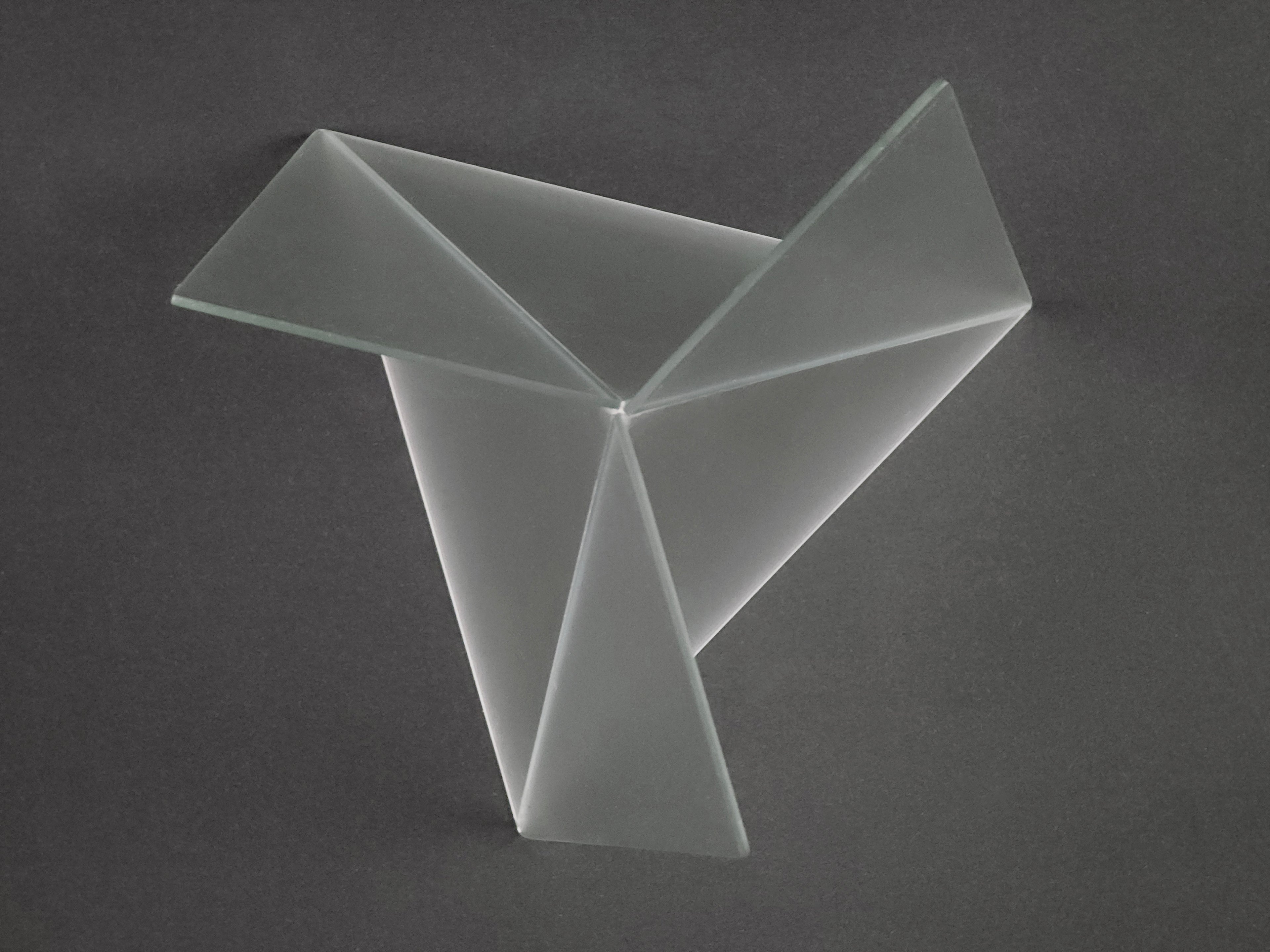 1981 Mart van Schijndel Delta vase, Dutch postmodern design iconic frosted glass vase, clean shot showing the bottom side of the vase and the glass plates connecting together at a single point.