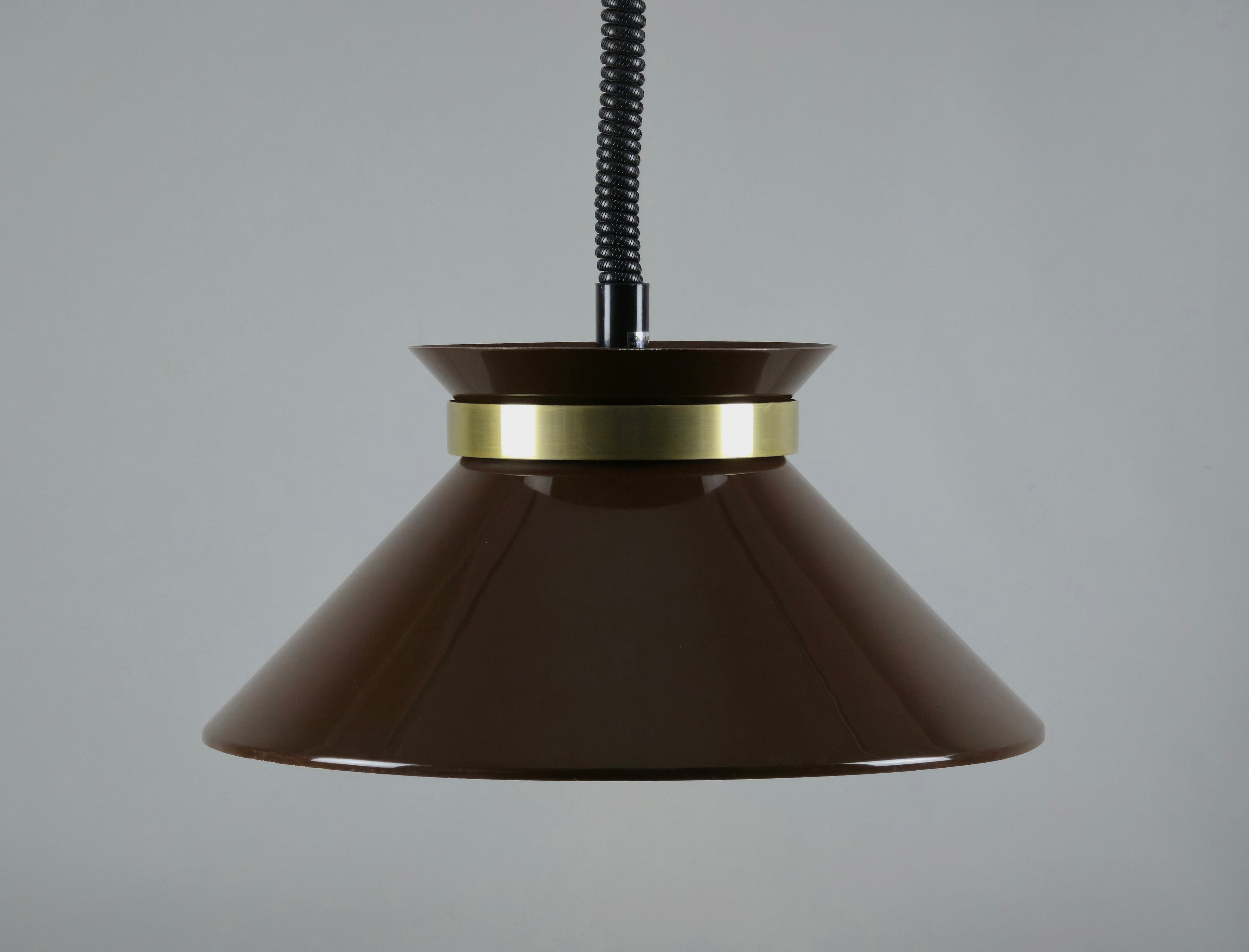 1970s vintage Belid pendant lamp, brown lacquered metal cone shade.
