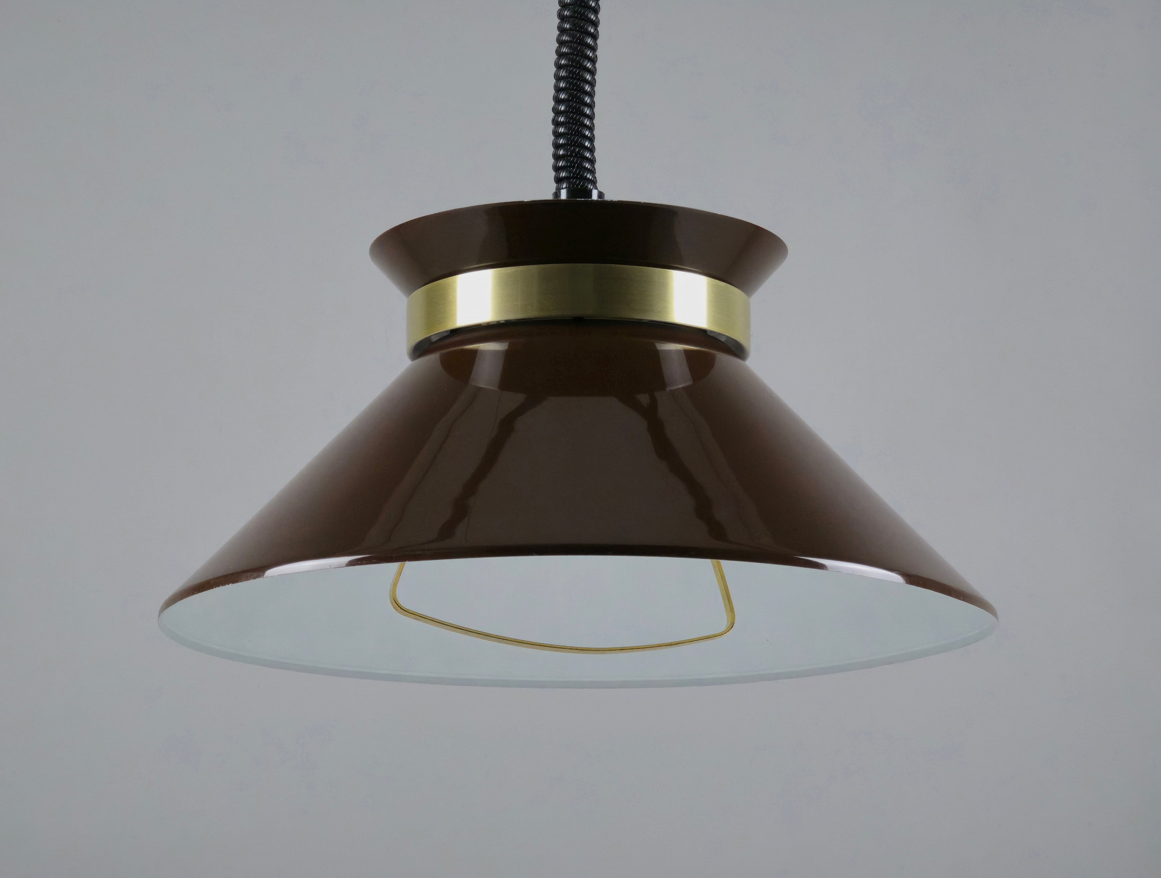 Low angle perspective view of vintage Belid pendant lamp with pull-down handle inside the shade.