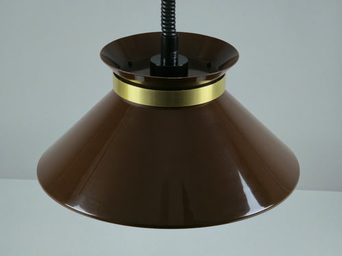 Top down view brown lacquered metal shade on Belid pendant light with brass ring.