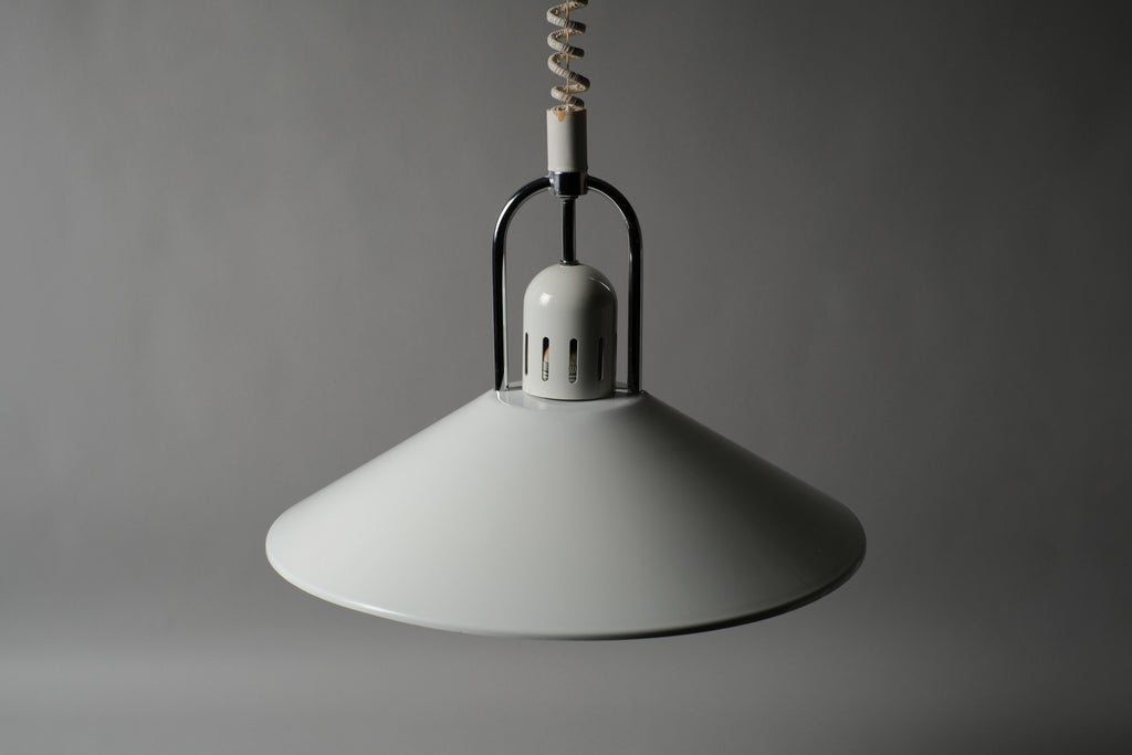 High-angle front view of a 1980s Belid T127 pendant lamp attributed to Jan Eskil Eskilsson, showing the full white powder-coated steel saucer profile and suspension ring from above, Sweden.
