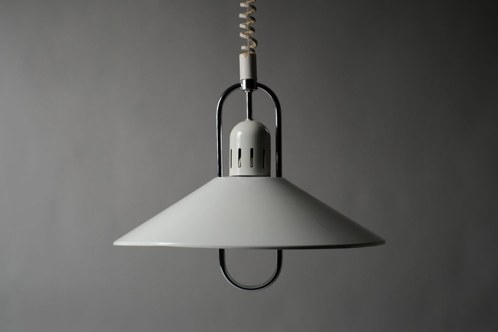 Profile view of a 1980s Belid T127 pendant lamp attributed to Jan Eskil Eskilsson for Belid, Varberg Sweden, showing the clean low saucer silhouette and white powder-coated steel construction.