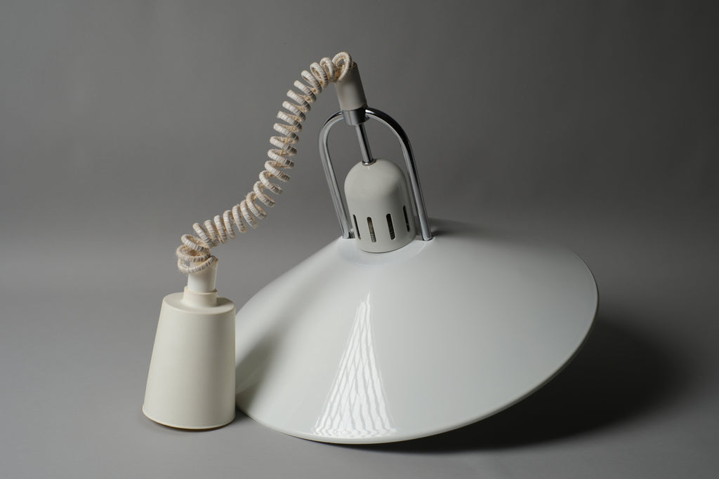 Full-length view of a 1980s Belid T127 pendant lamp showing the complete original rise-and-fall system and white ceiling cap, coiled cord, metal pull handle, and white powder-coated steel shade, Sweden.