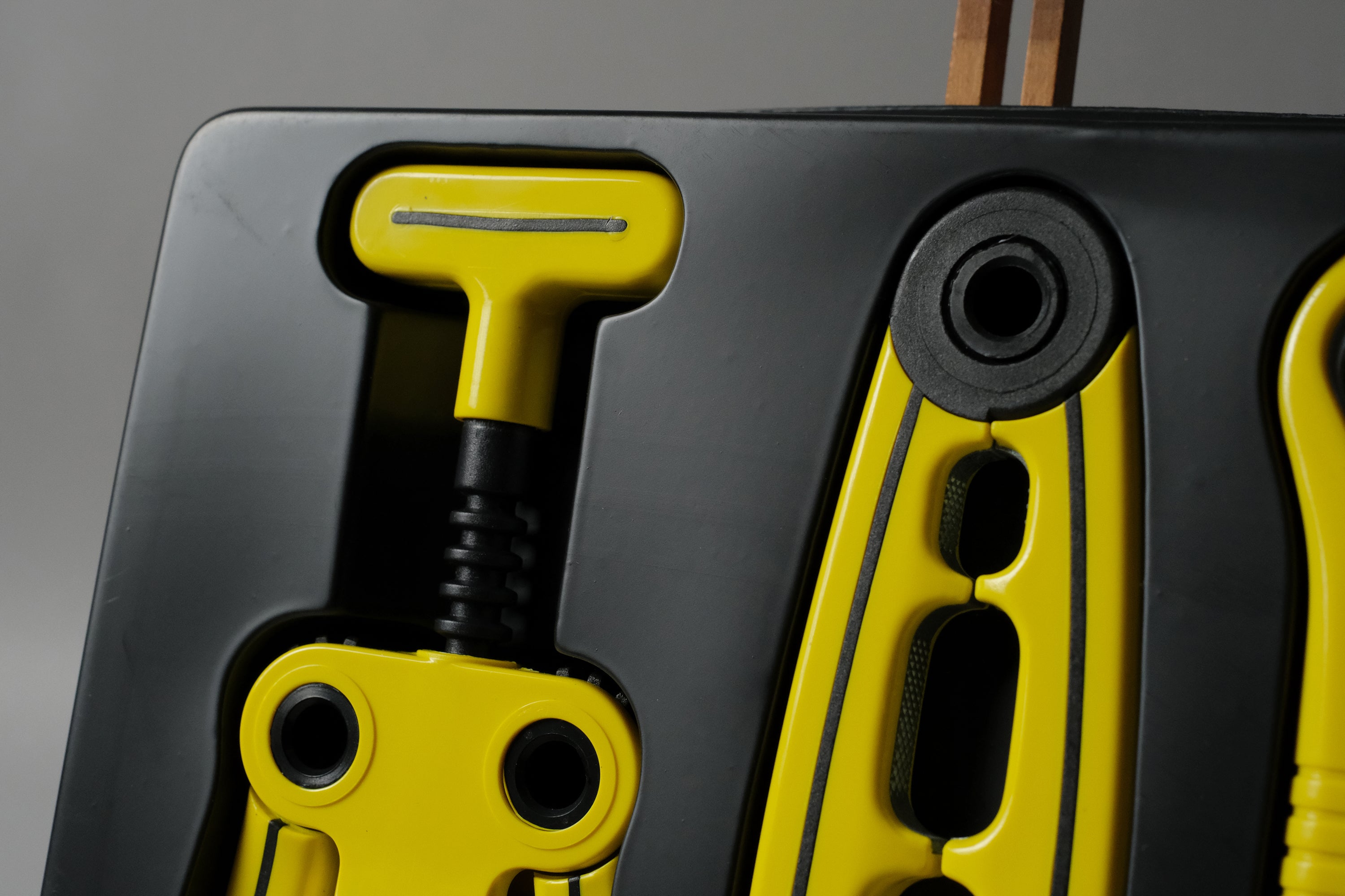 Close-up detail of the unused yellow and black Biesse corkscrew by Pino Spagnolo, original surface finish intact