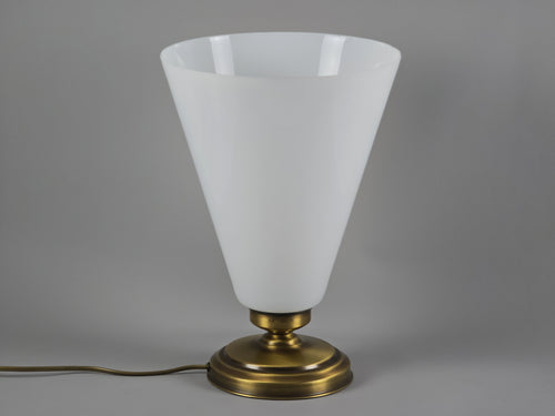 Vintage Art-Deco Revival table lamp with conical opaline glass cone, brass finish base, image showing the full lamp in front view, slightly in 3D view showing the depth of the lamp.