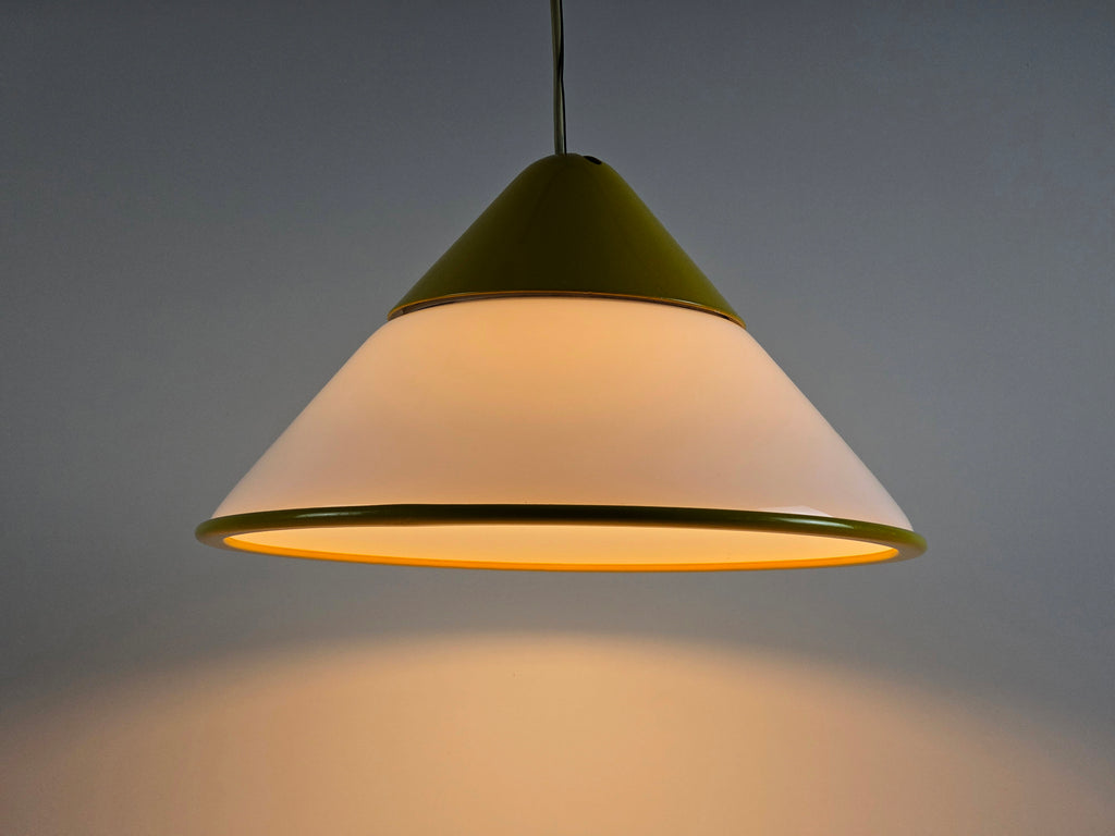 Vintage Fabbian Italian opaline glass pendant lamp, Mid-Century Modern conical white opal hand-blown glass with yellow design details, amber lit main view.