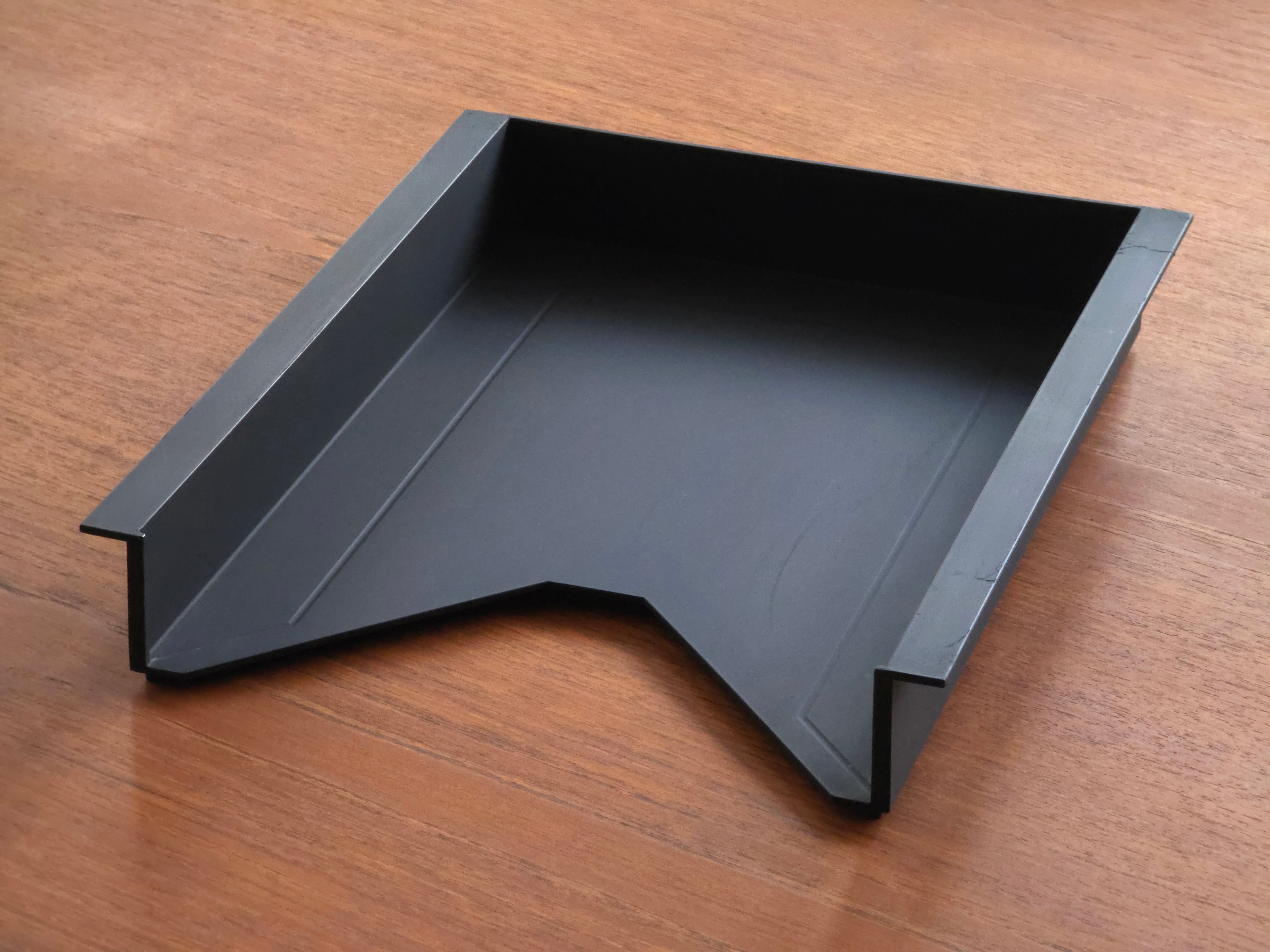 Vintage Helit document tray designed by Norman Foster, matte black soft-touch finish, shown here empty for a general look of the tray and showing the single compartment.