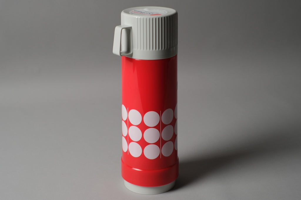 Rotpunkt Dr Zimmermann vacuum flask, showing white sealing lid and polka dot graphic, West Germany 1970s