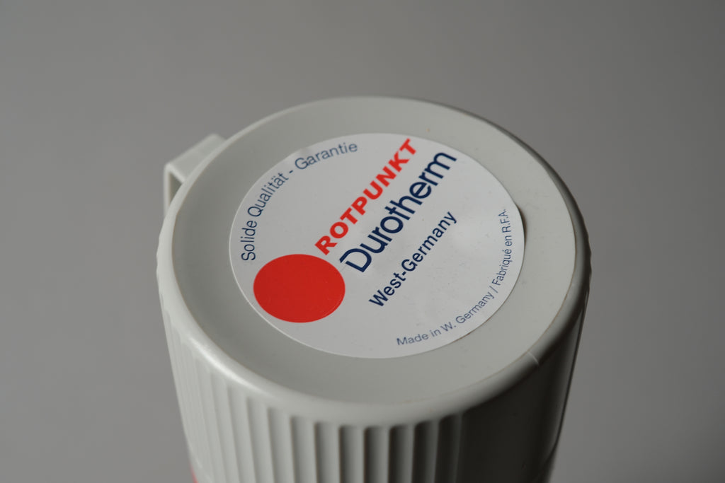 Rotpunkt Dr Zimmermann vacuum flask lid, showing Duroherm brand label and Made in West Germany marking, 1970s