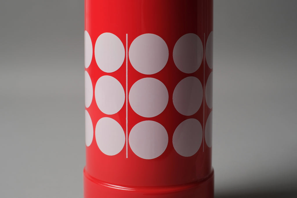 Rotpunkt Dr Zimmermann vacuum flask, white polka dot grid on signal red ABS, graphic detail, West Germany 1970s