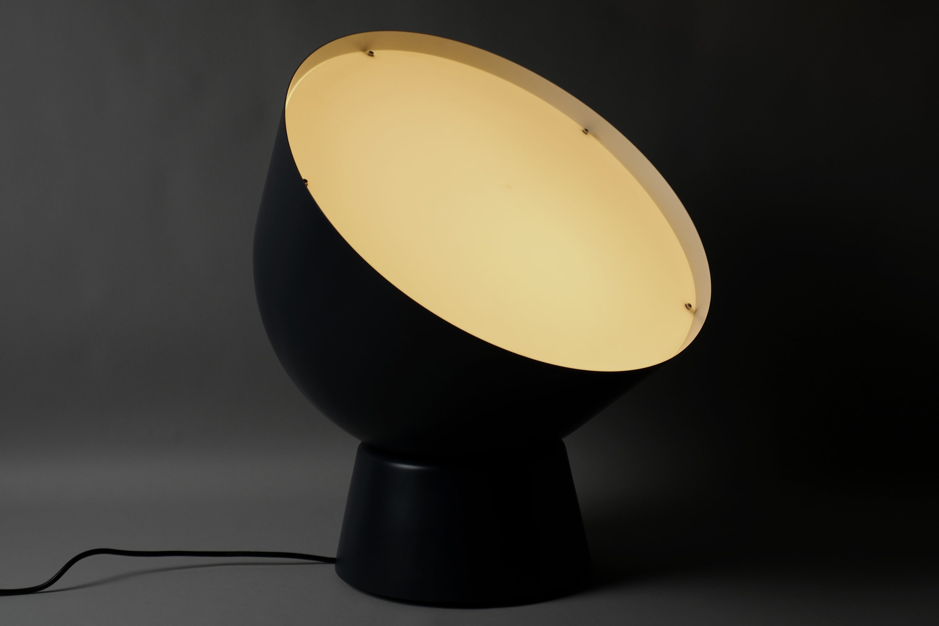 IKEA PS 2017 large floor lamp by Ola Wihlborg, warm white light diffused through domed shade, navy blue base, discontinued