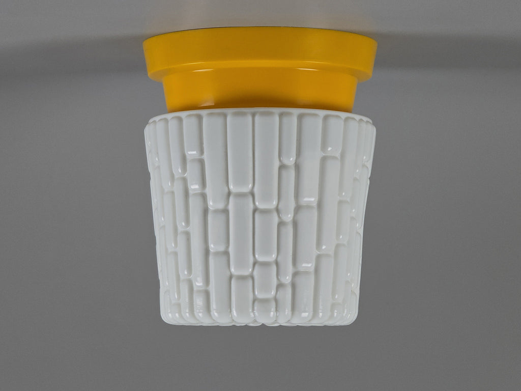 1970s mid century modern design ceiling light fixture with milk glass shade