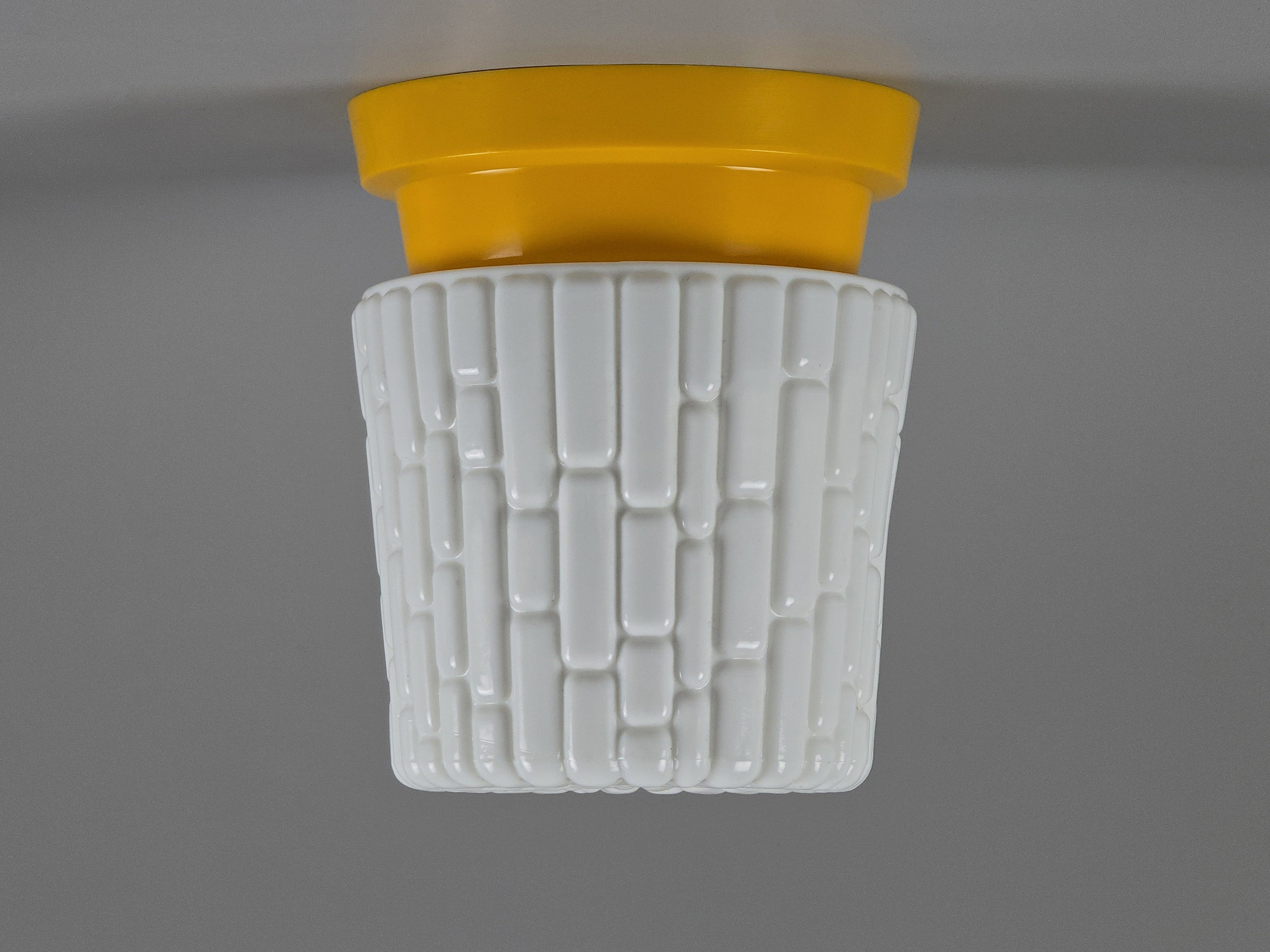1970s mid century modern design ceiling light fixture with milk glass shade