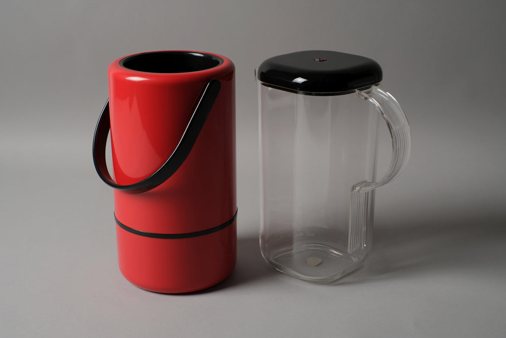 Guzzini Amanda pitcher and Scaroni thermo wine cooler together, red and clear acrylic, Italian Space Age bar set 1970s