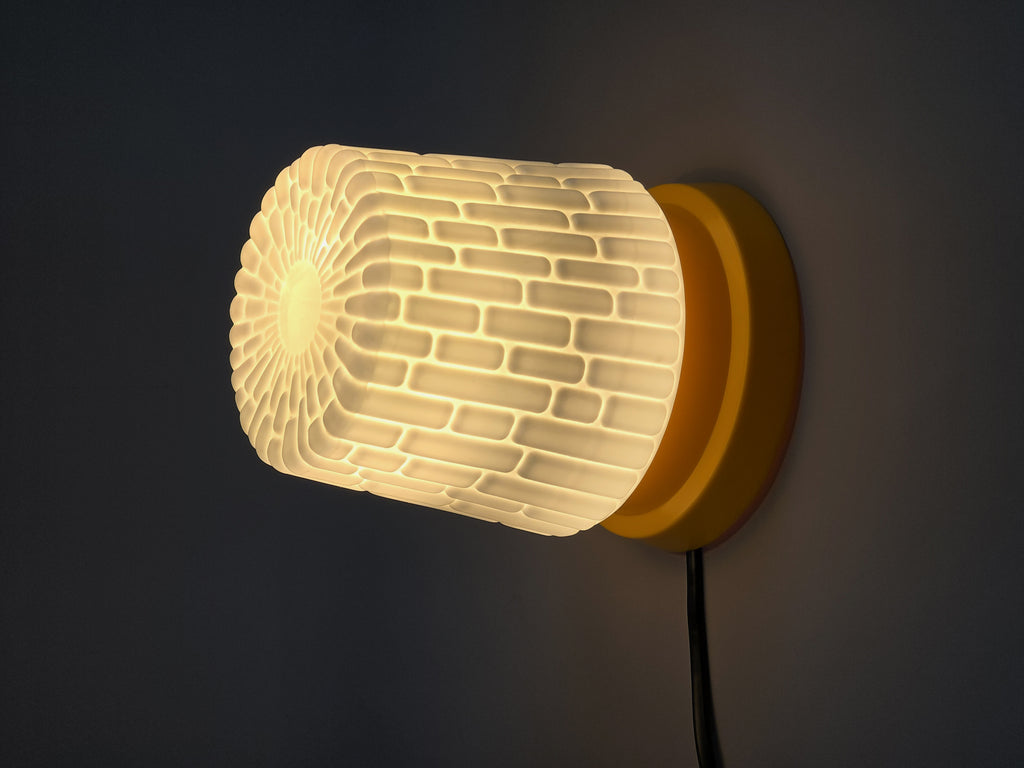 space age design wall sconce with opal glass and plastic base