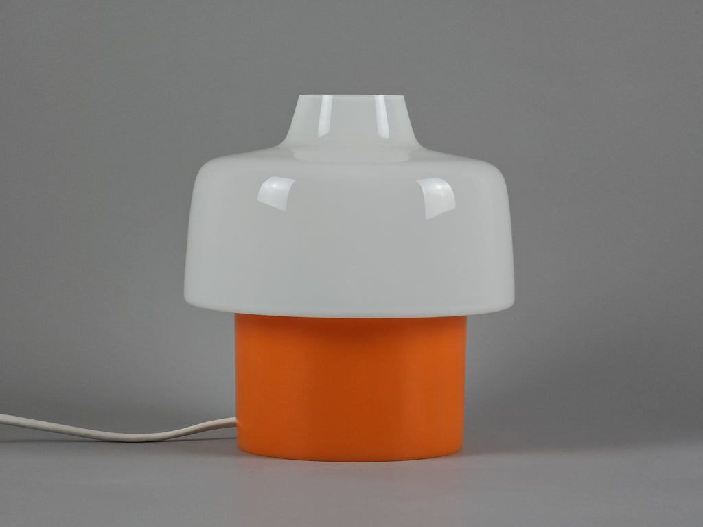 vintage table lamp with opaline glass shade and orange plastic base