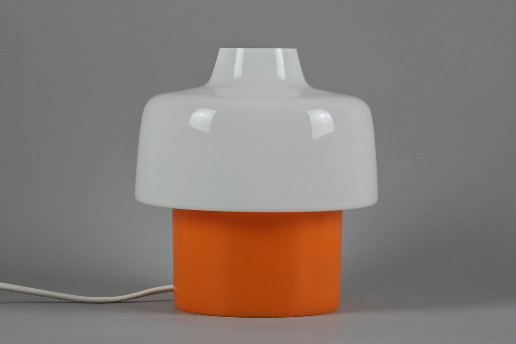vintage table lamp with opaline glass shade and orange plastic base
