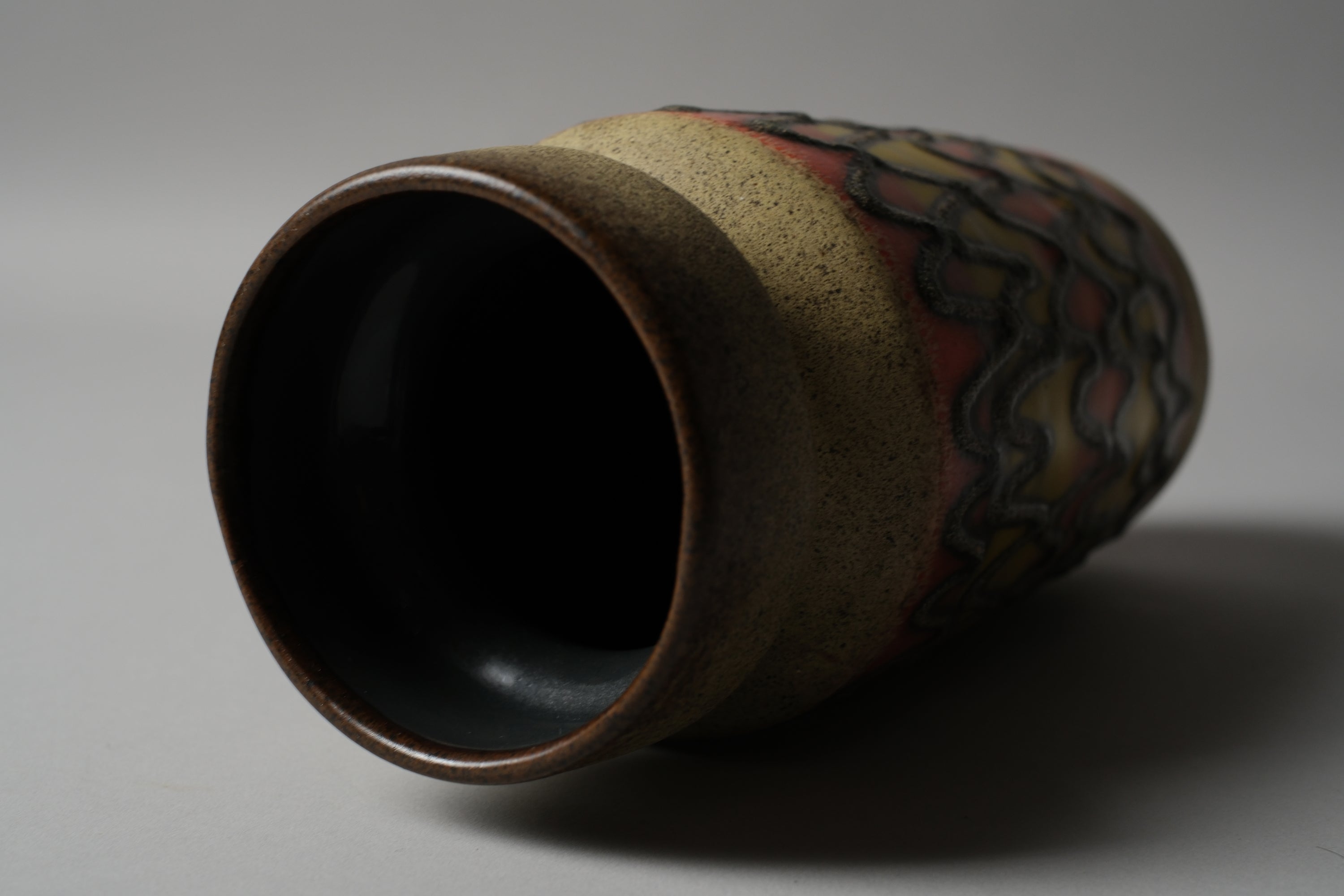 VEB Haldensleben fat lava vase, unglazed dark interior rim visible, wide cylindrical neck, East Germany 1960s