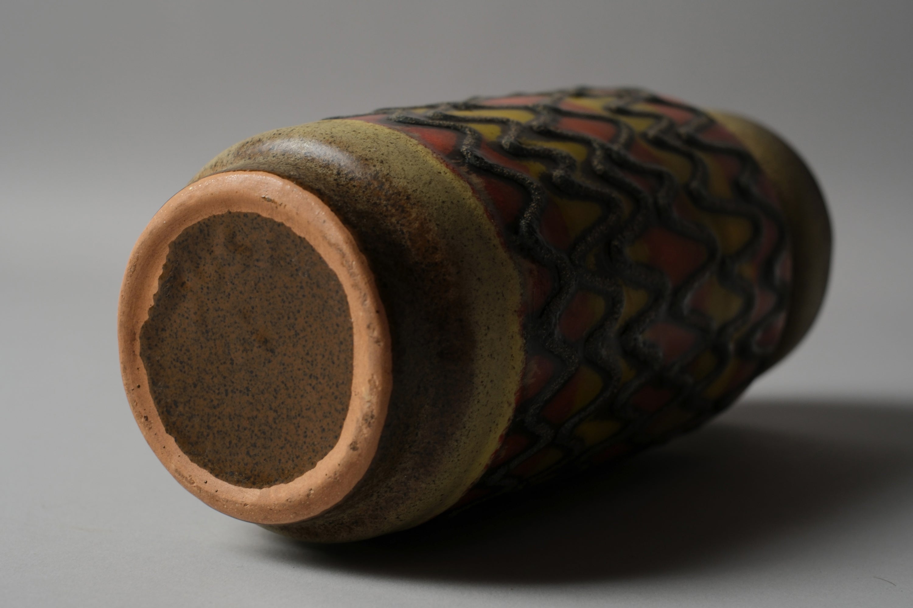 VEB Haldensleben fat lava vase, unglazed terracotta base, no mold number visible, typical Haldensleben production, East Germany 1960s