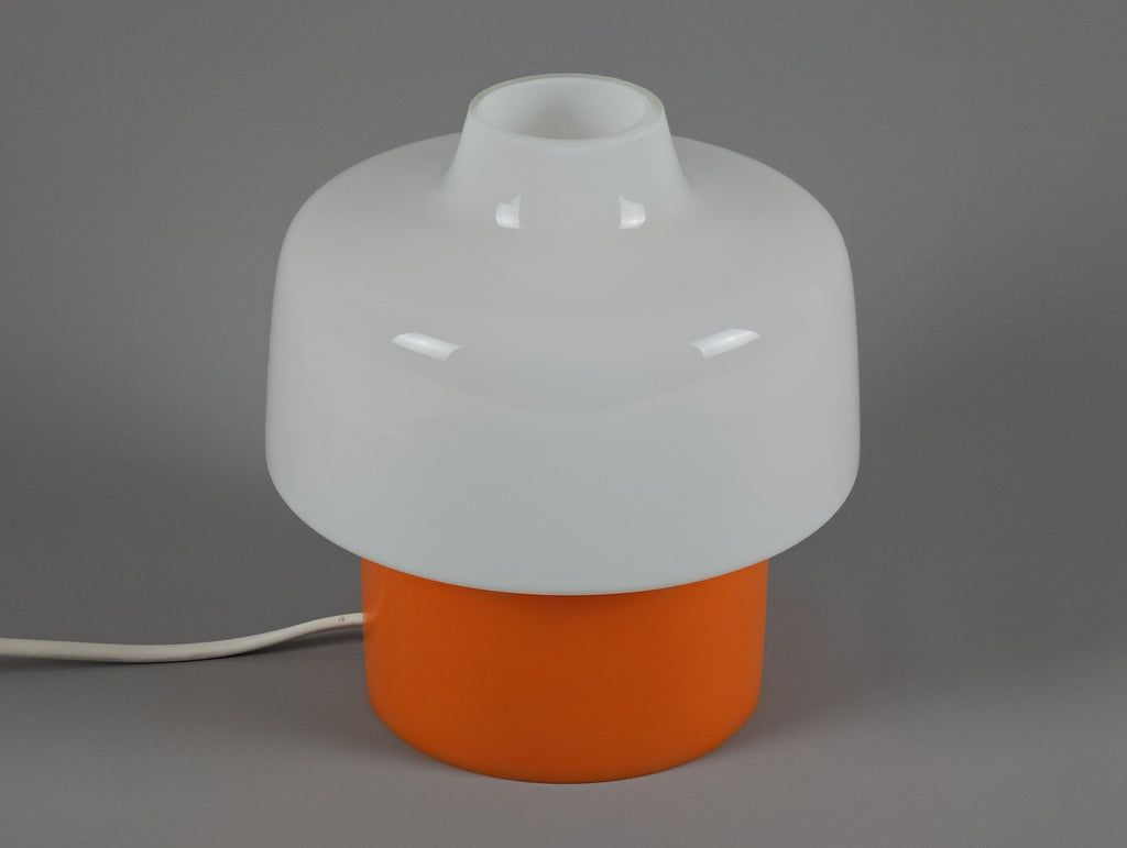 vintage mushroom table light with white glass shade and orange plastic base